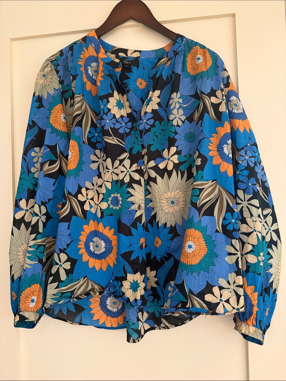 Rails Floral Button-Front Blouse - Blue & Orange